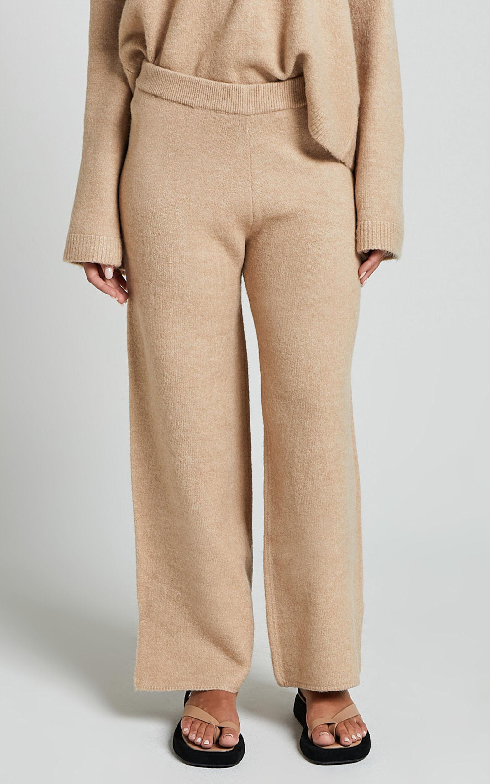 Livia Pants - Knitted High Waisted Side Split Pants in Beige Marl Product Image