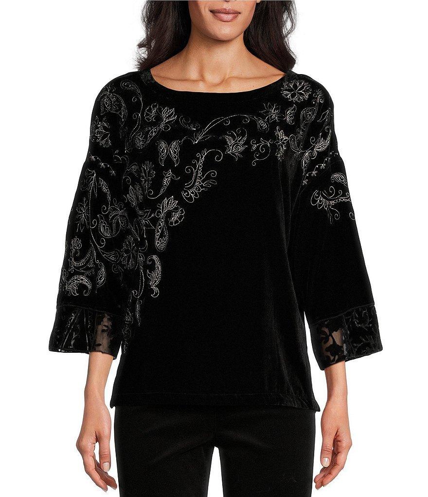 John Mark Embroidered Velvet Bell 3/4 Sleeve Top Product Image