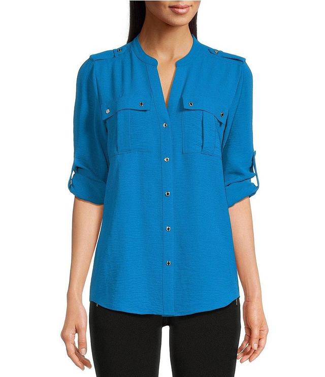 Calvin Klein Banded Collar Pocket Detail Long Roll-Tab Sleeve Blouse Product Image