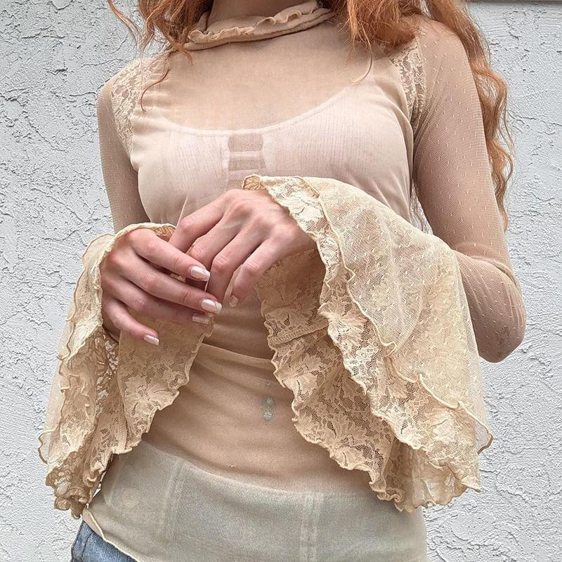 Long Sleeve Mock Neck Plain See Through Lace Trim Top Product Image