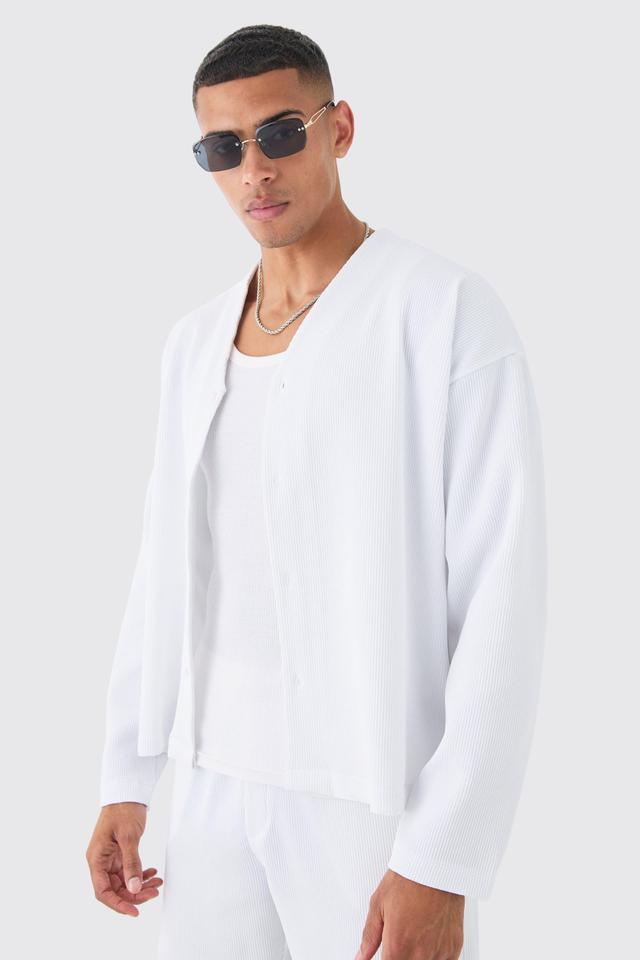 Pleated Longsleeve Collarless Boxy Shirt | boohooMAN USA Product Image