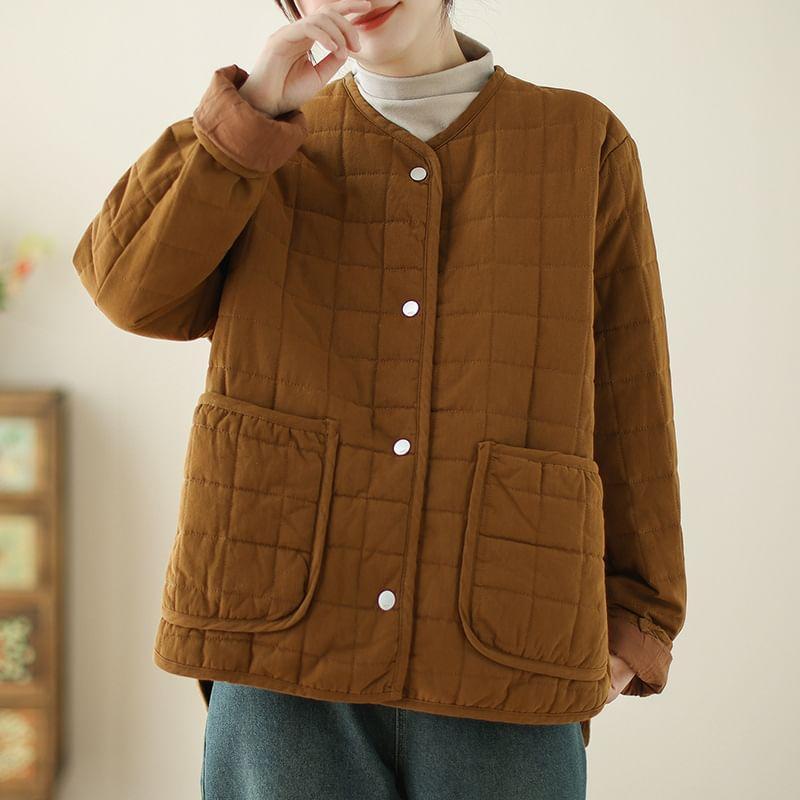 V-Neck Plain Quilted Button Jacket Product Image