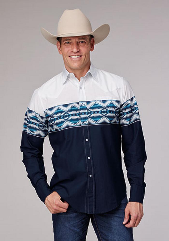 Roper® Men's L/S Navy/White Aztec Border Print Snap Shirt Product Image