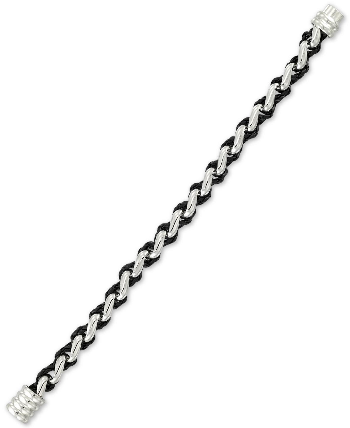 Legacy for Men by Simone I. Smith Black Leather Braided Bracelet Stainless Steel Product Image