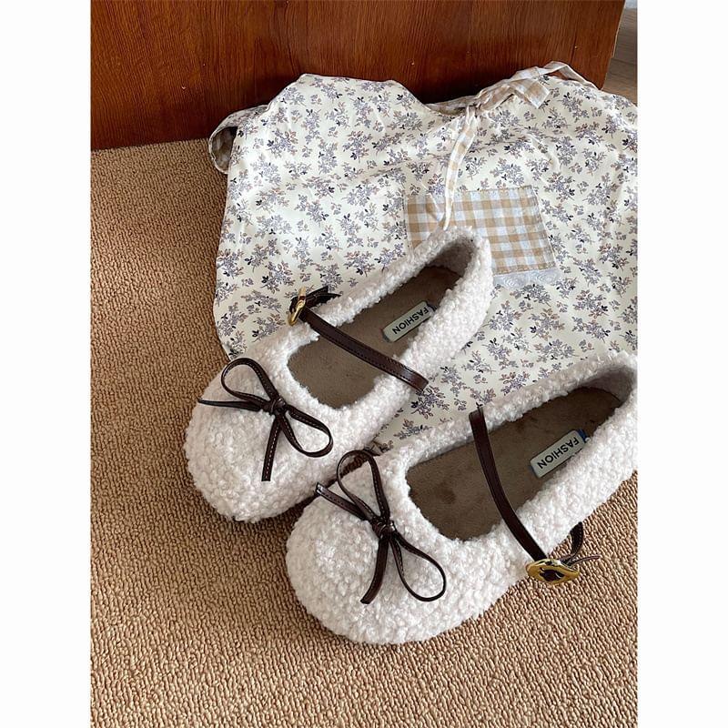 Round Toe Bow Fleece Mary Jane Flats Product Image