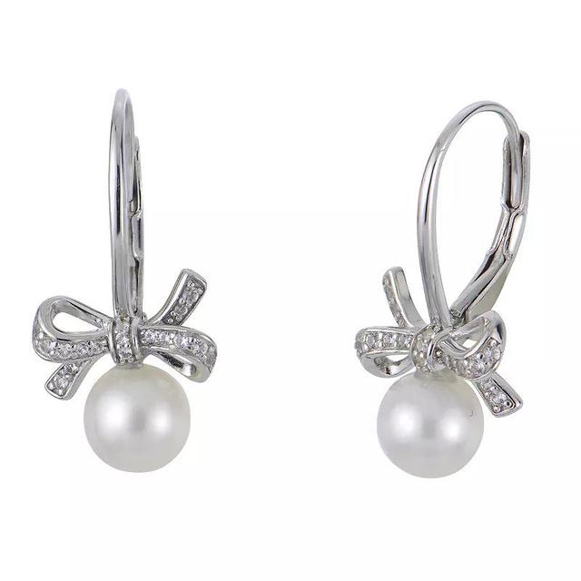 PearLustre by Imperial Sterling Silver Freshwater Cultured Pearl Lab-Created White Sapphire Bow Earrings, Womens Product Image