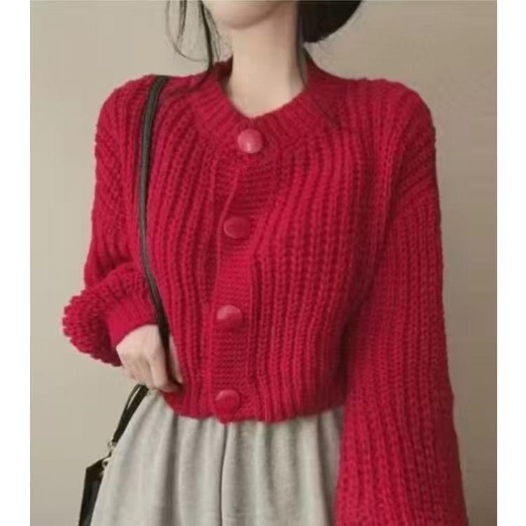 Plain Button-Up Chunky Knit Cardigan Product Image