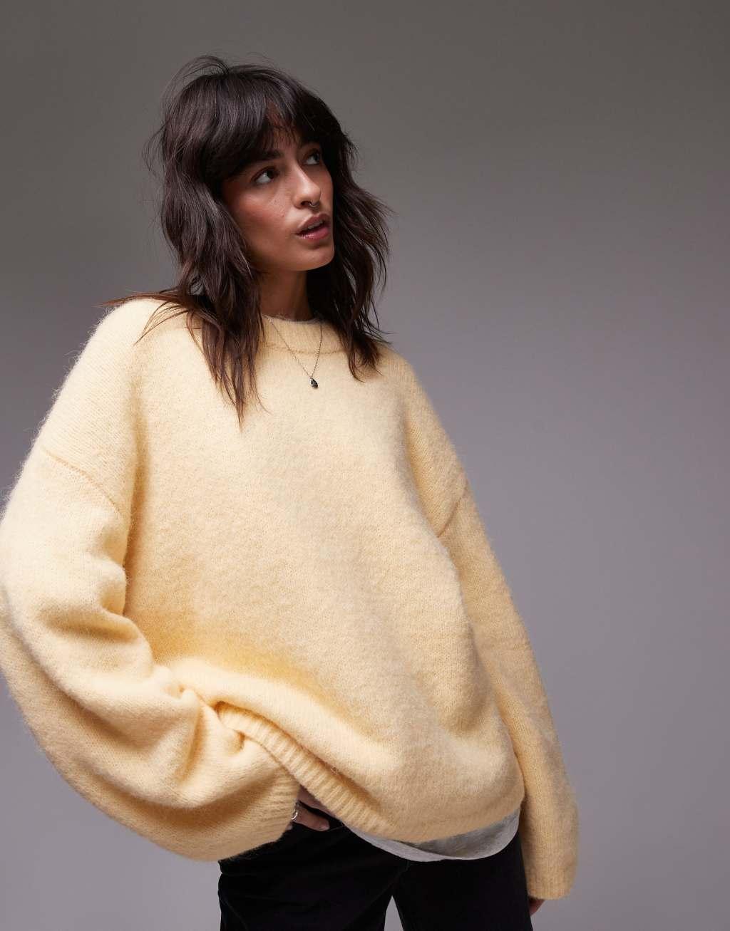 Topshop knitted boxy fluffy crew oversized sweater in buttermilk Product Image