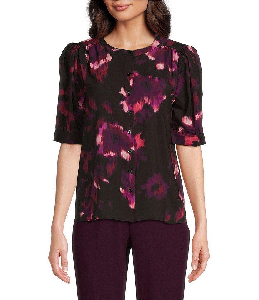 Calvin Klein Printed Short Sleeve Crew Neck Button Front Blouse Product Image