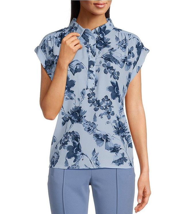 Calvin Klein Printed Crew Neckline Cap Sleeve Blouse Product Image