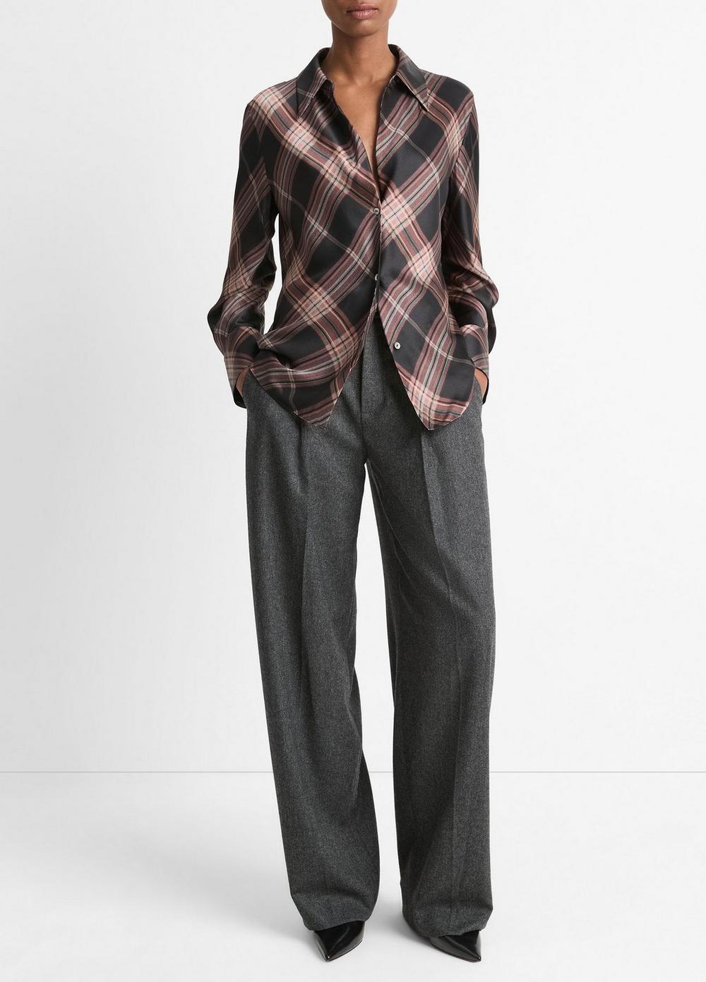 Silk Plaid Bias Long-Sleeve Blouse Product Image