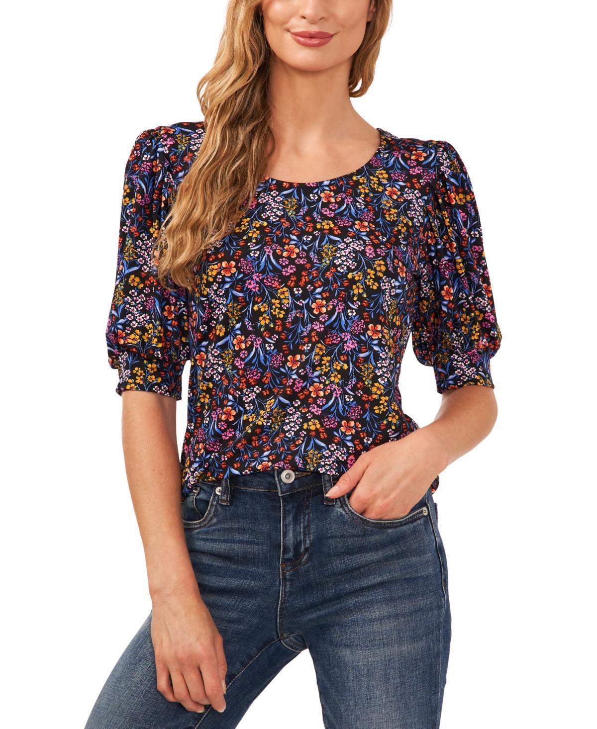 CeCe Womens Floral Print 3/4 Sleeve Scoop Neck Knit Top Product Image