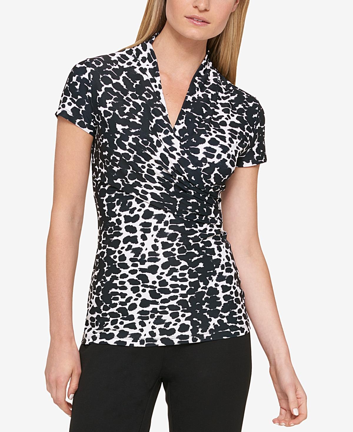 DKNY Womens Abstract Print Surplice Wrap Top - Black Product Image