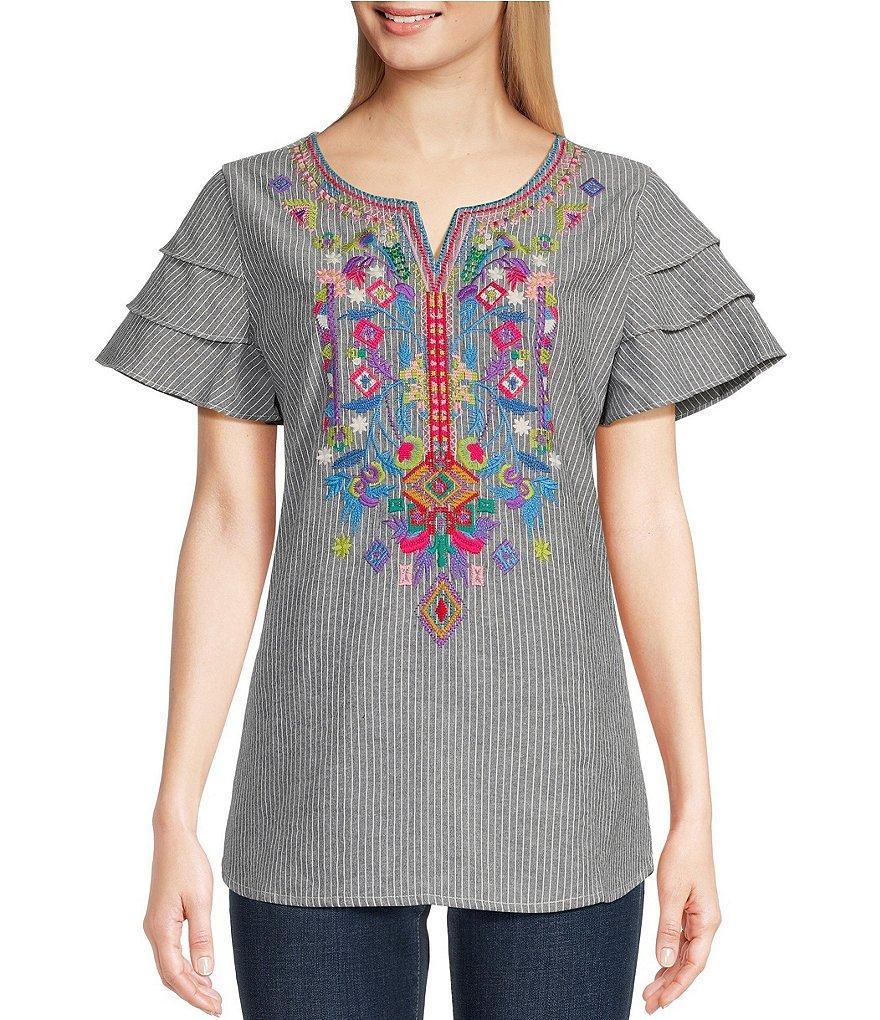 Calessa Petite Size Embroidered Patchwork Split Round Neck Layered Ruffle Short Sleeve Tunic Product Image