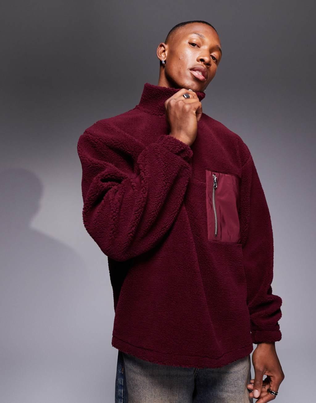 ASOS DESIGN oversized borg half zip sweatshirt in burgundy Product Image