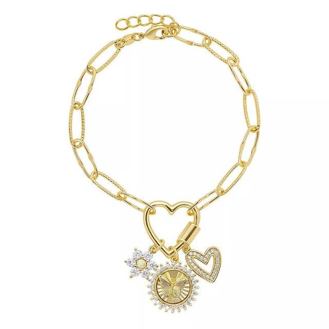 Brilliance Gold Tone Heart Carabiner & Gemstone Charms Paperclip Link Chain Bracelet, Womens Gold Tone White Product Image