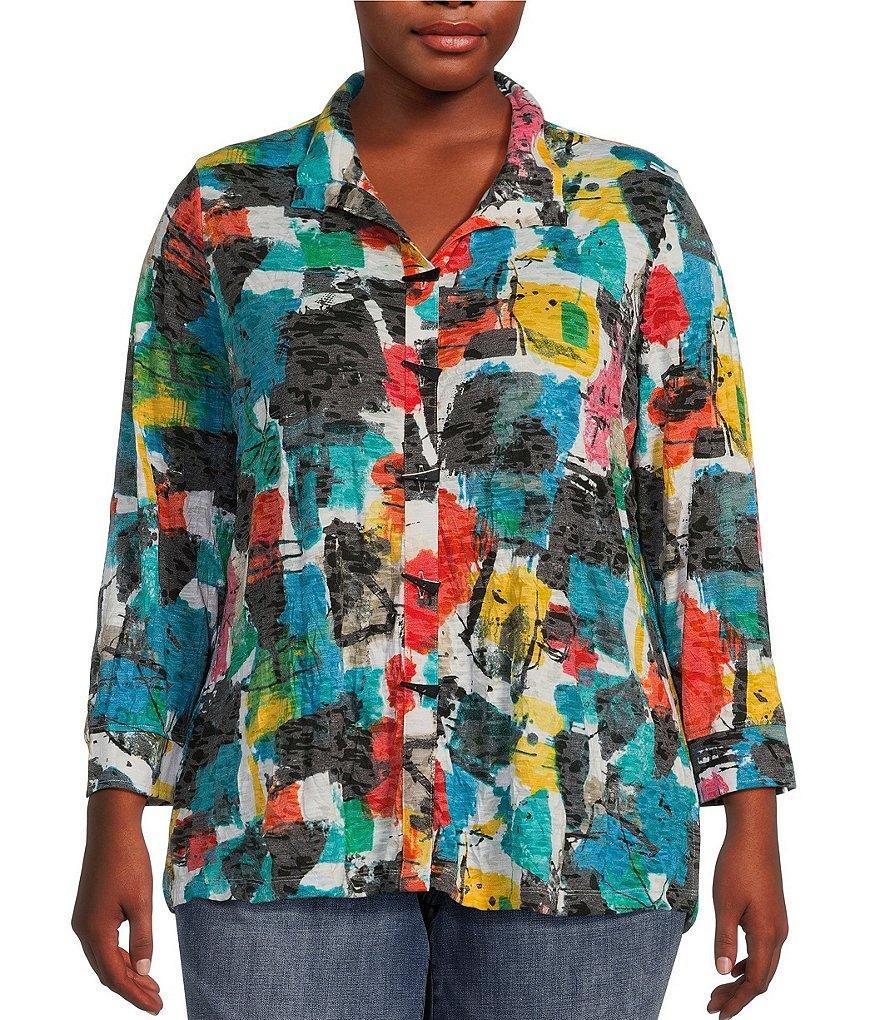 Ali Miles Plus Size Abstract Printed Knit Wire Collar 3/4 Sleeve Button-Front Tunic product image