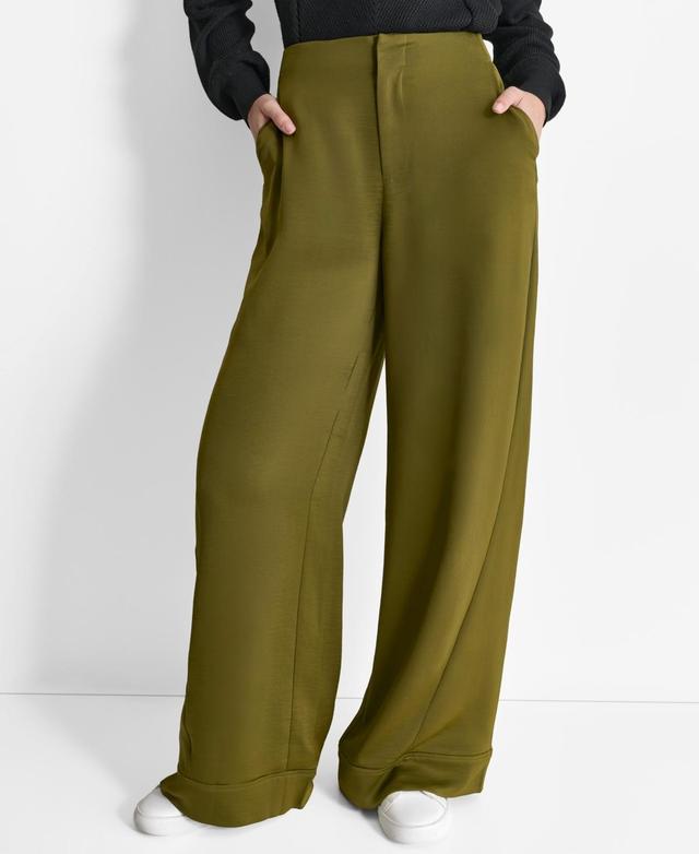 Dkny Womens Glazed High Rise Seamed-Cuff Wide-Leg Pants Product Image