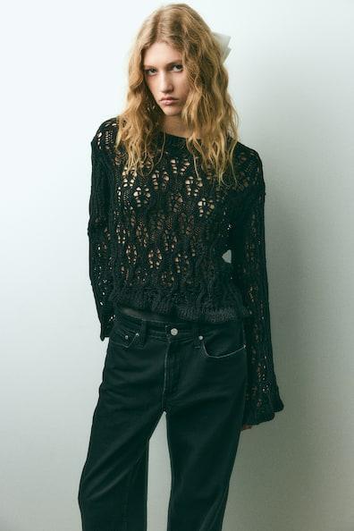 H & M - Ruffle-trimmed Pointelle-knit Sweater - Black Product Image