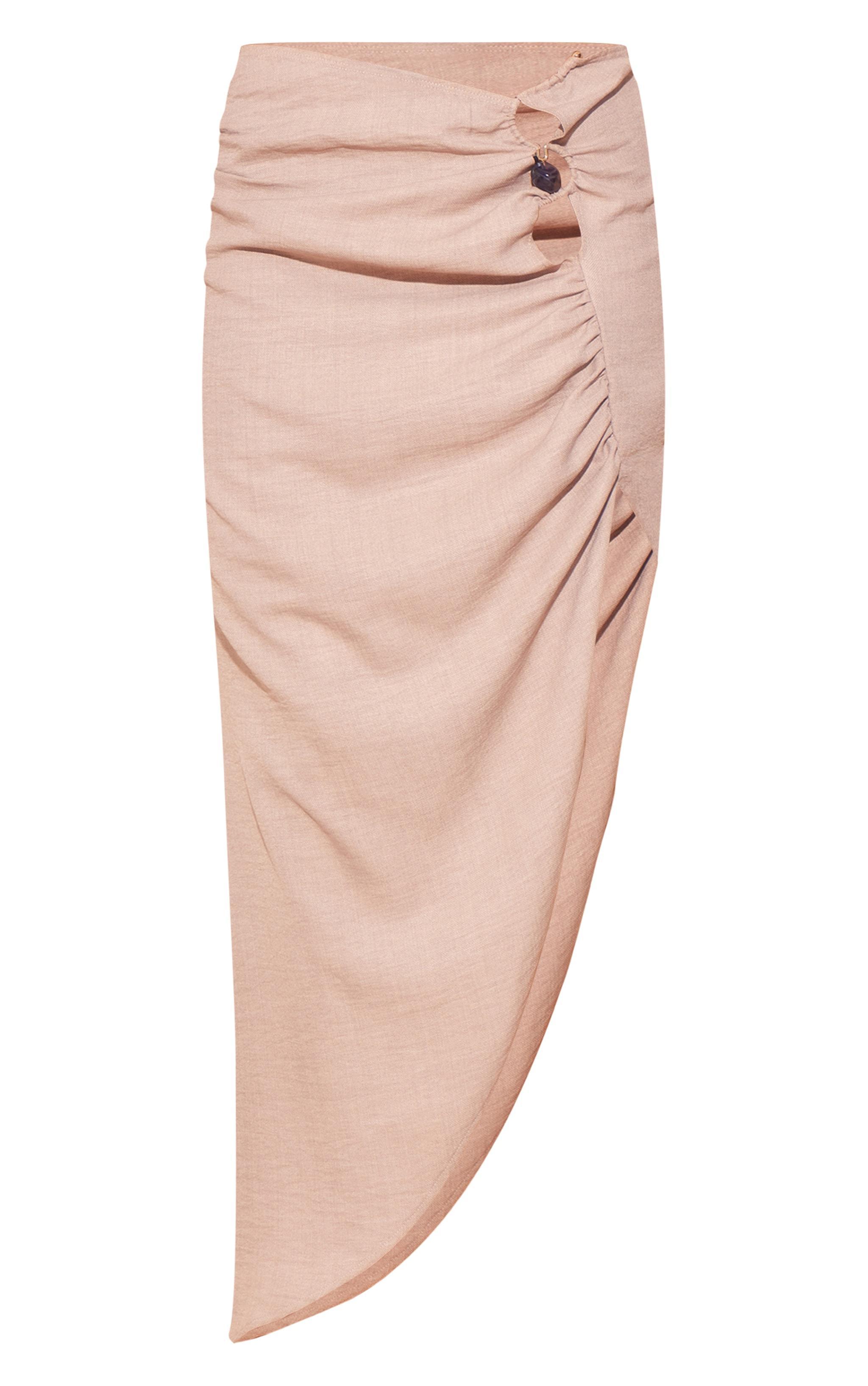 Stone Linen Look Bead Trim Ruched Side Maxi Skirt Product Image