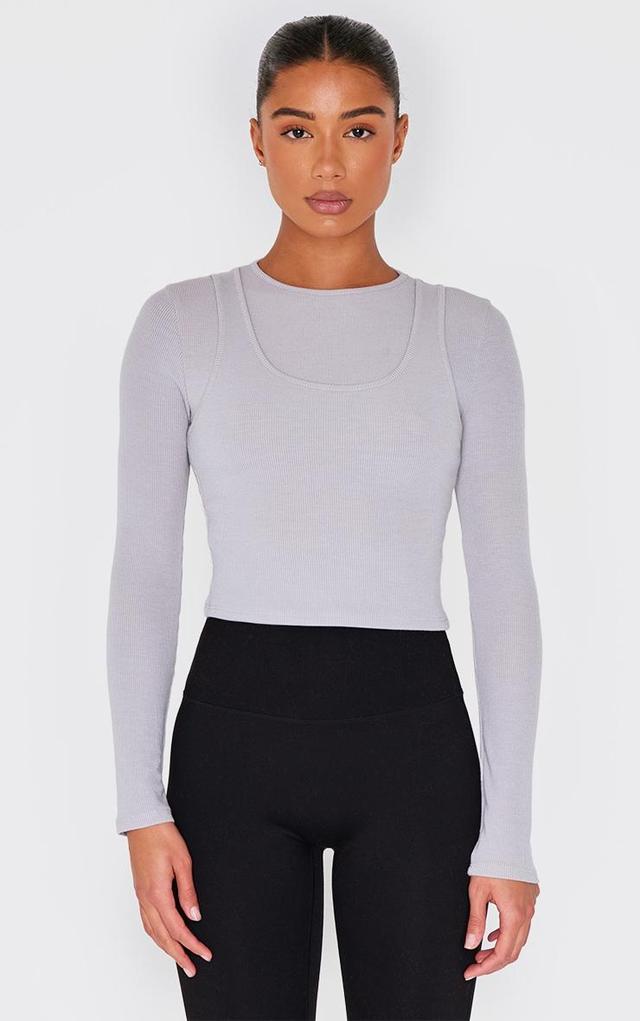 Grey Marl Ribbed Double Layer Detail Long Sleeve Top Product Image