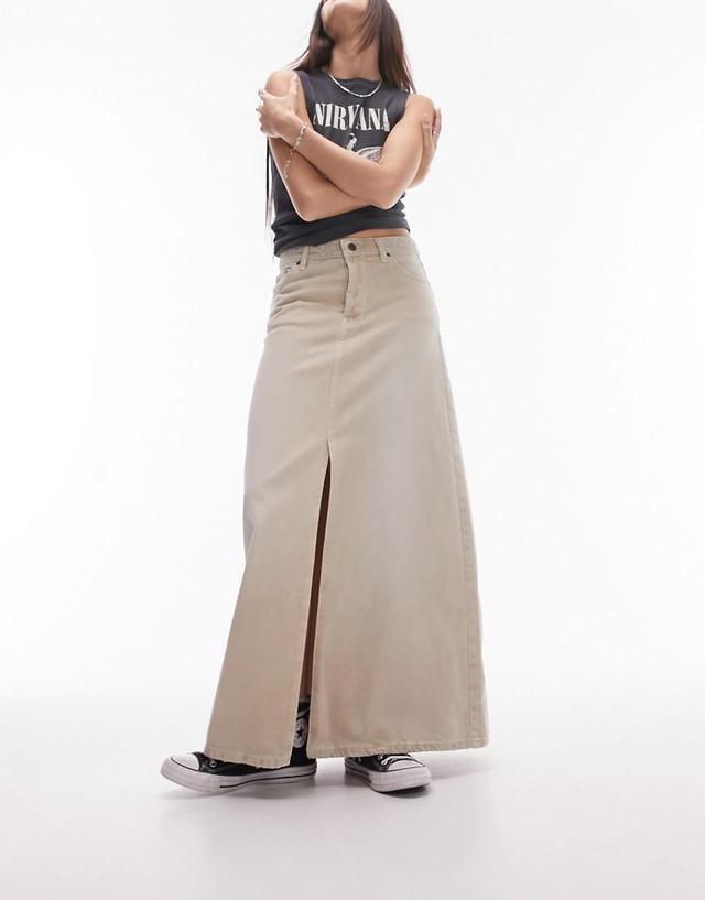 Topshop denim low slung maxi skirt in sand Product Image