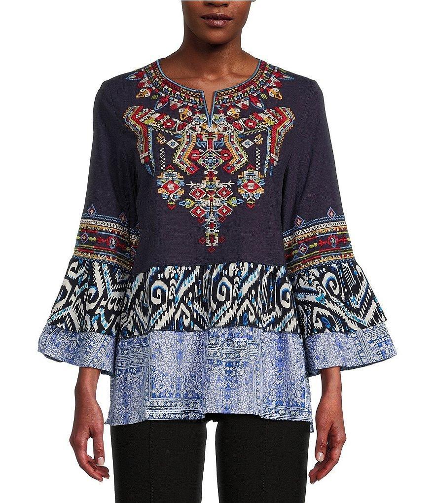 Calessa Embroidered Split-V Neck 3/4 Sleeve Top Product Image