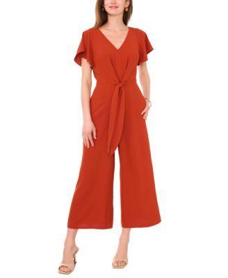 Women's V-Neck Flutter-Sleeve Crop Wide-Leg Jumpsuit Product Image