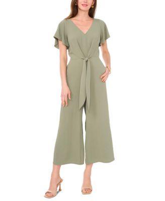 Women's V-Neck Flutter-Sleeve Crop Wide-Leg Jumpsuit Product Image