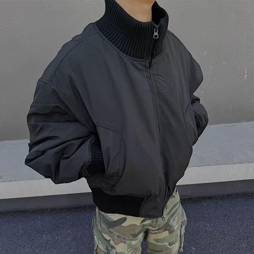 High Neck Plain Zip-Up Bomber Jacket Product Image