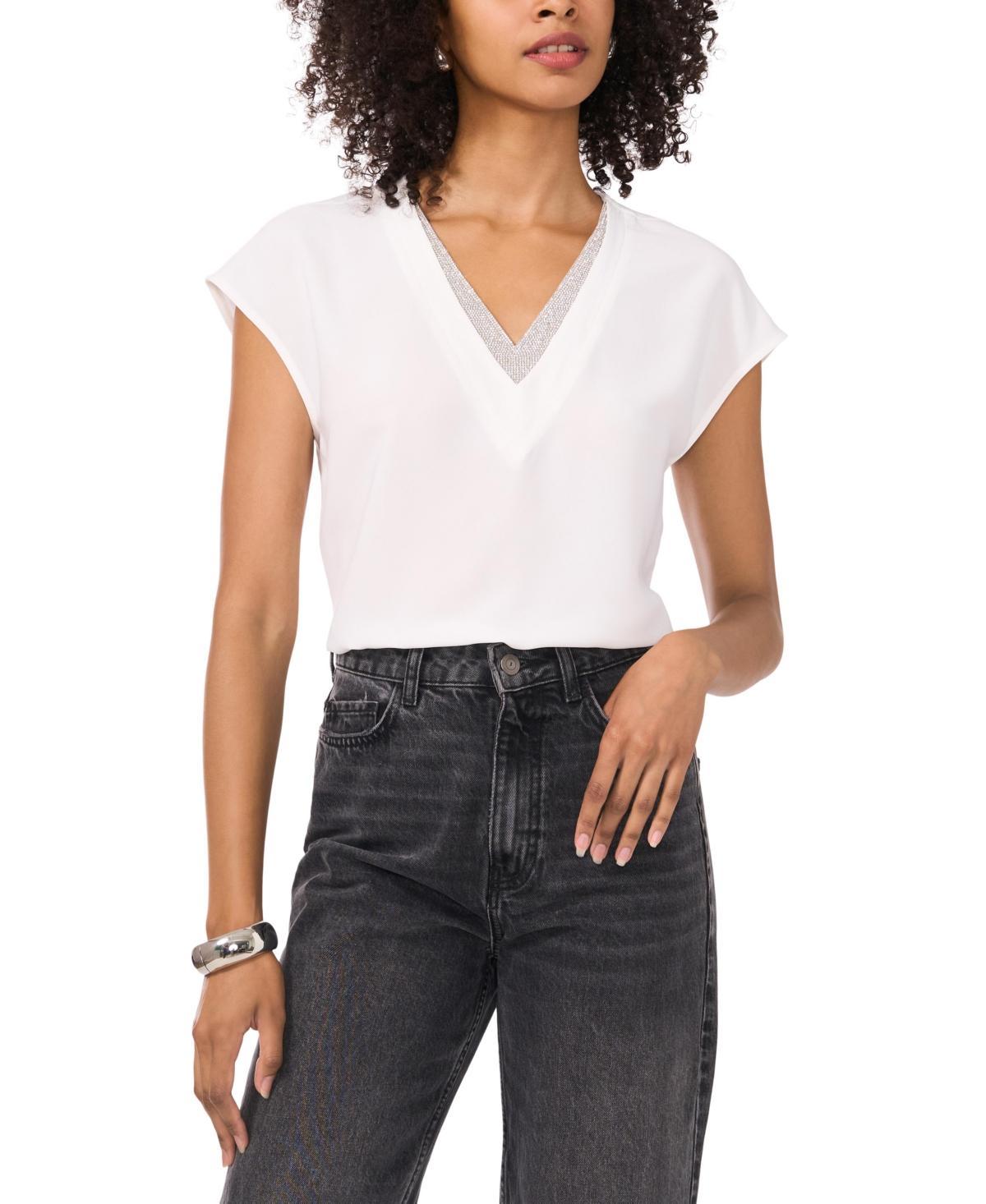 Vince Camuto Womens Embellished-v-Neck Extended-Shoulder Top Product Image