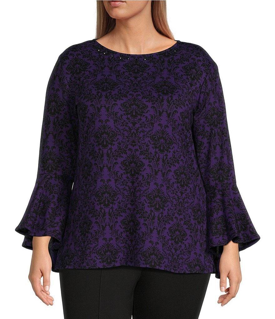 Slim Factor by Investments Plus Size Baroque Tile Print Crew Neck 3/4 Flare Sleeve Top Product Image