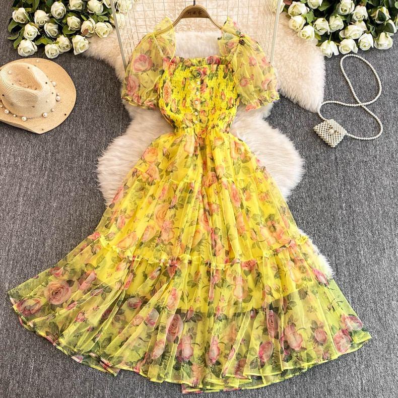 Puff-Sleeve Floral Ruffle Midi A-Line Dress Product Image