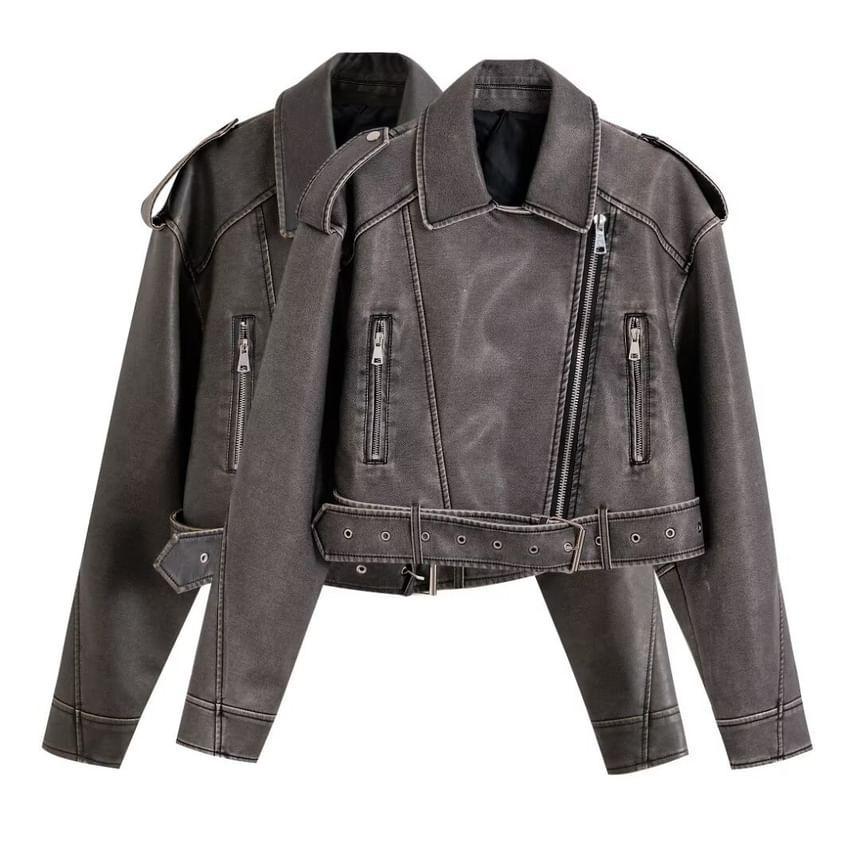 Collared Washed Faux Leather Zip Biker Jacket Product Image