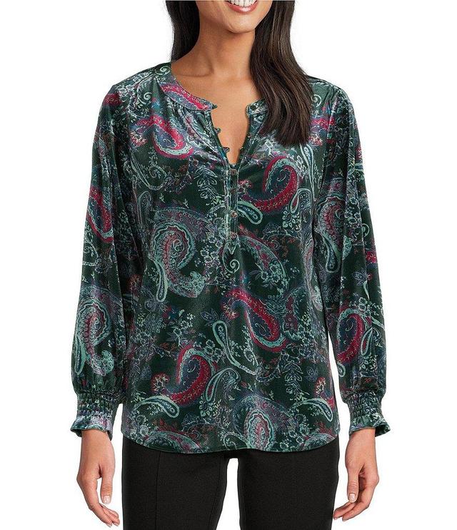 Intro Paisley Banded Round Collar Long Sleeve Pop Over Blouse Product Image