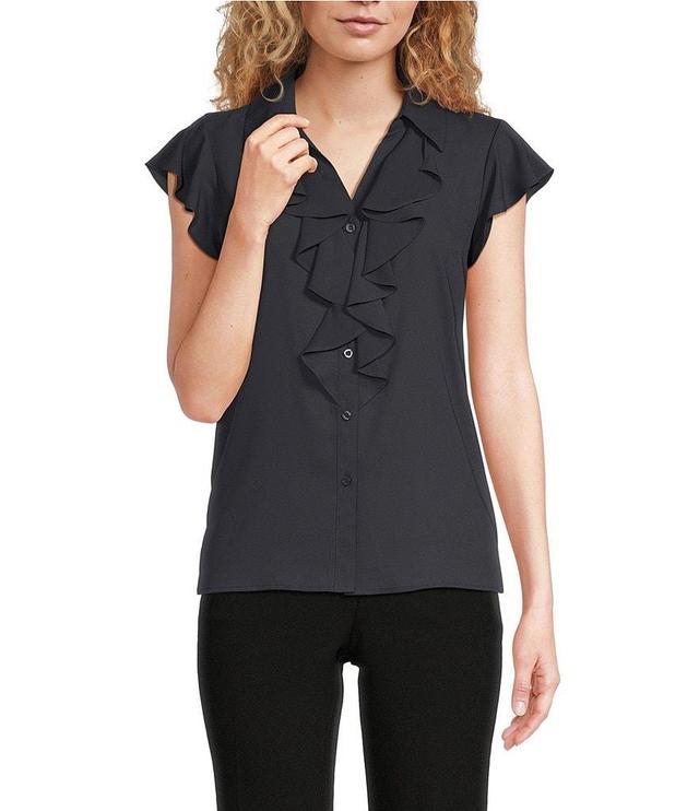 Calvin Klein Collared Flutter Cap Sleeve Cascading Ruffle Button Front Blouse Product Image