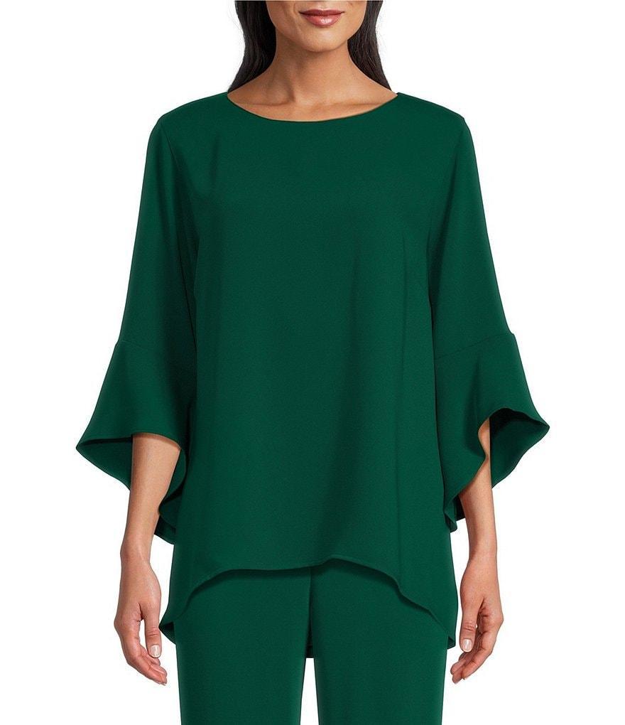 Caroline Rose Julia Matte Crepe Crew Neck 3/4 Ruffled Sleeve High-Low Hem Top Product Image