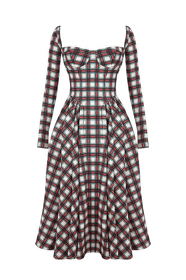 Eliza Red Tartan Corset Midi Dress - SALE Product Image