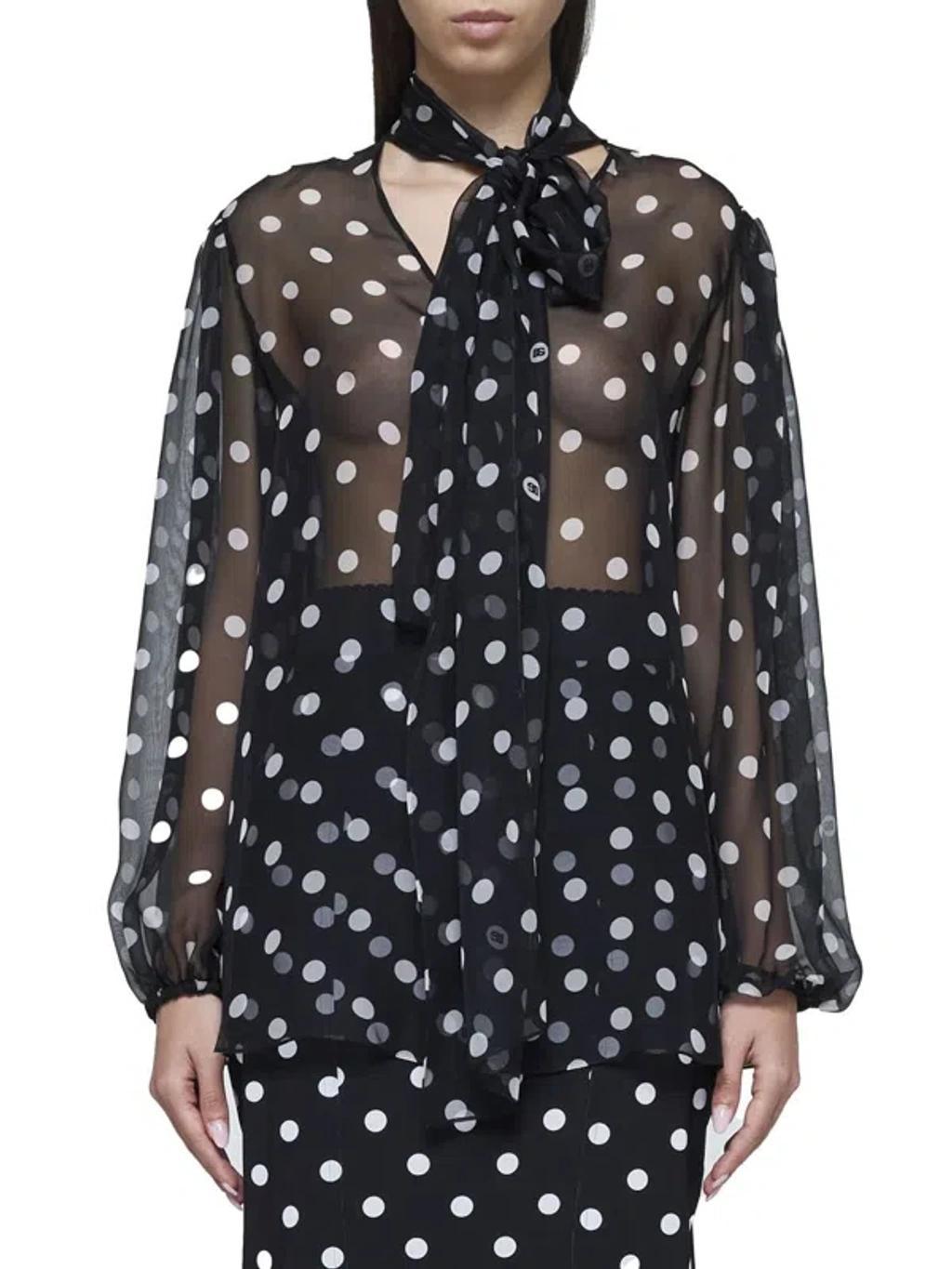 DOLCE & GABBANA Polka Dot Chiffon Scarf-neck Blouse In Black,white Product Image