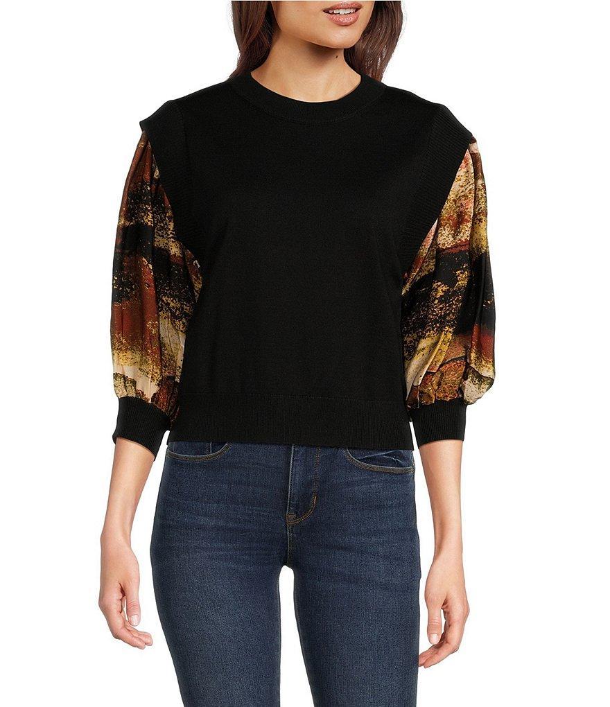 DKNY by Donna Karan Mix Media 3/4 Satin Sleeve Sweater Knit Top Product Image