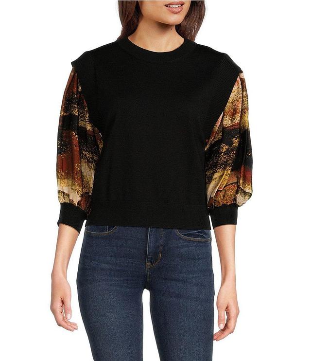 DKNY by Donna Karan Mix Media 3/4 Satin Sleeve Sweater Knit Top Product Image