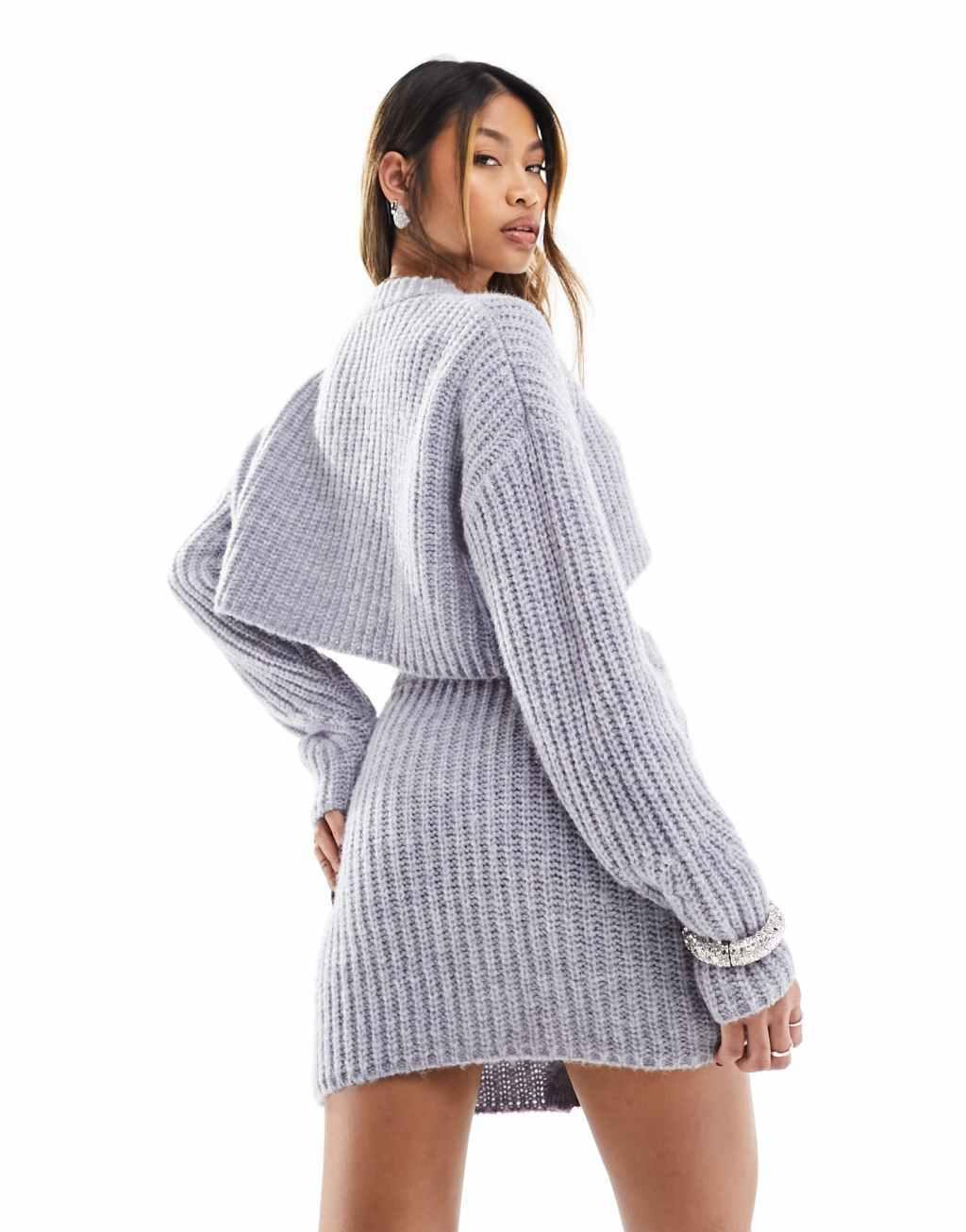 Aria Cove knit zip up mini skirt in gray - part of a set Product Image