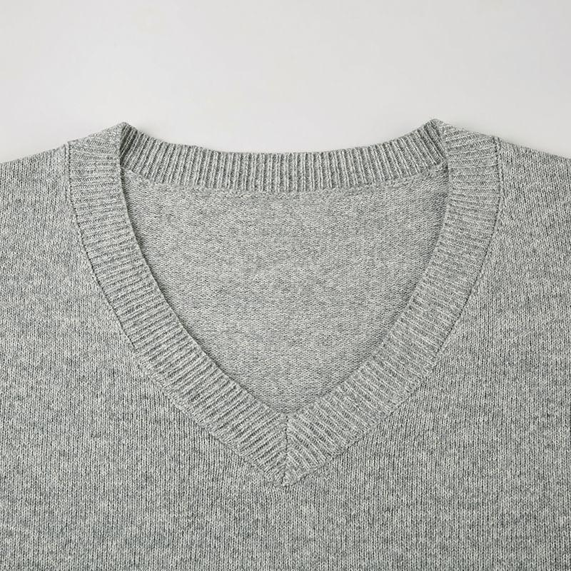 Drop Shoulder V-Neck Plain Oversized Sweater Product Image