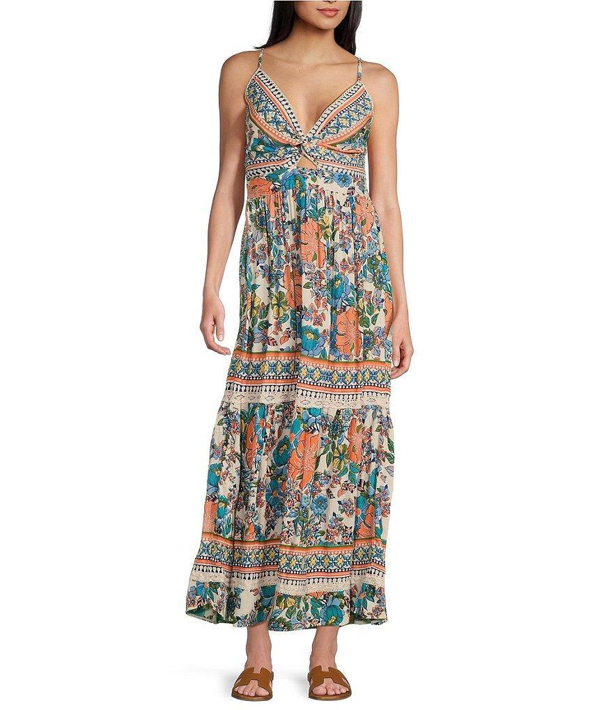 Angie Floral Border Print V-Neck Open Knot Front Maxi Dress Product Image