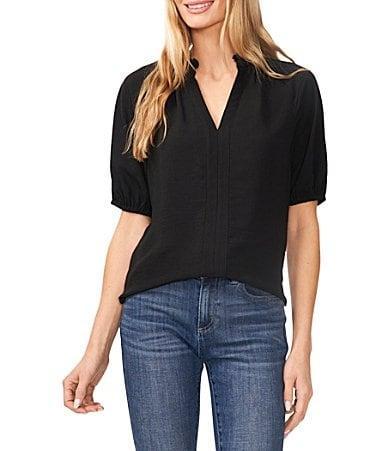 CeCe Drapey Gauze Ruffled Split V-Neck Short Puffed Sleeve Blouse Product Image