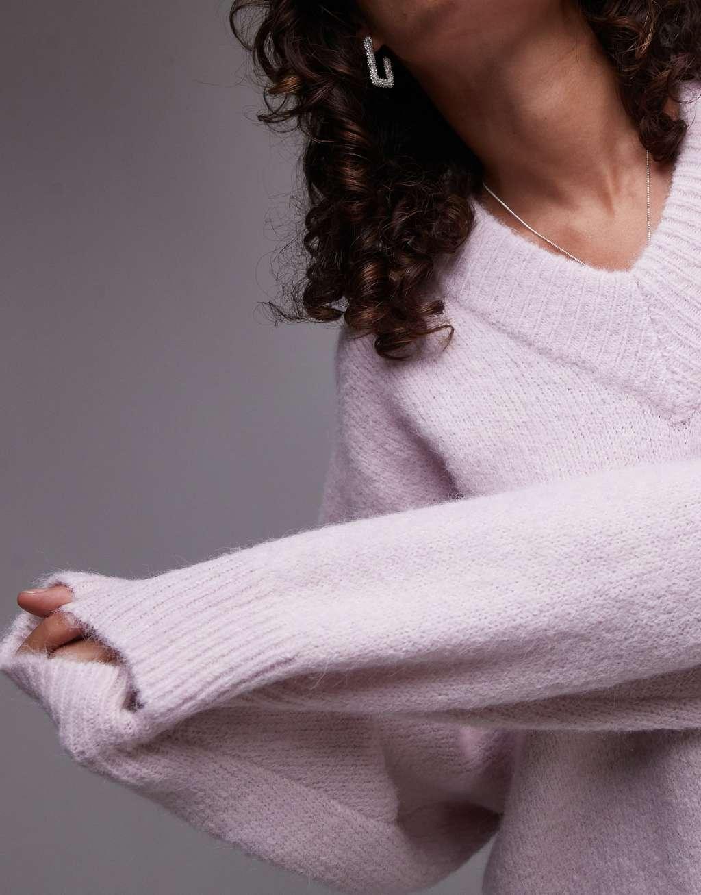 Topshop knitted high v-neck fluffy sweater in lilac Product Image