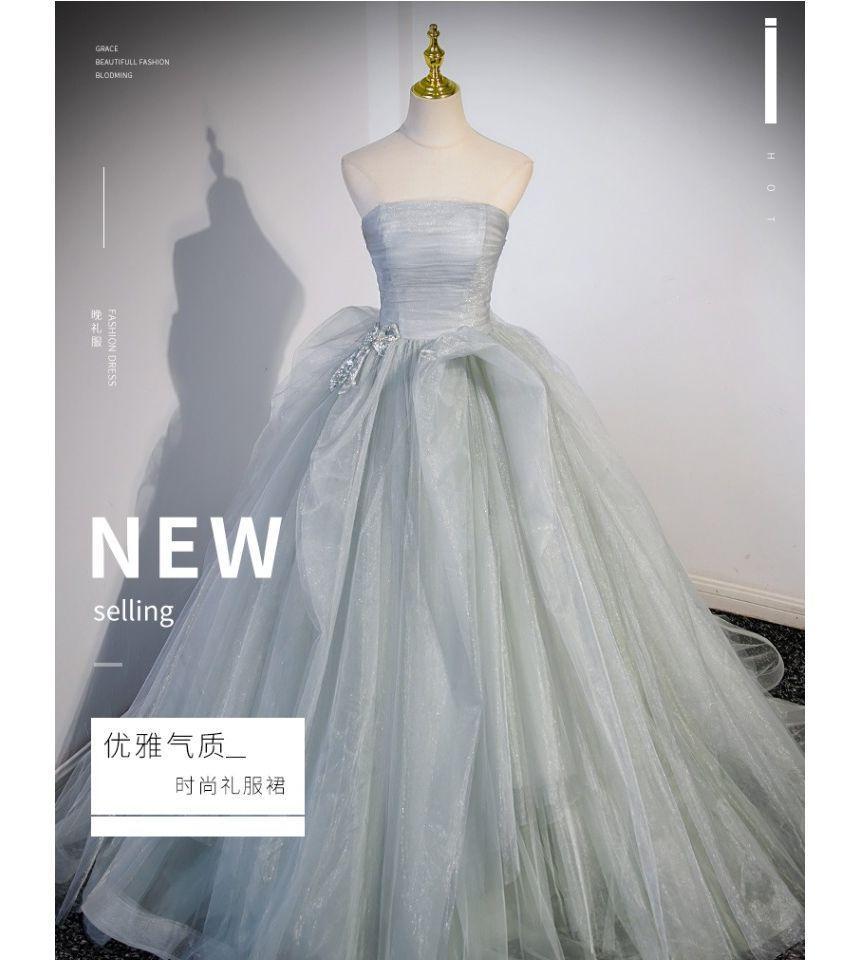 Plain Bow Ruched Mesh A-Line Tube Evening Gown Product Image