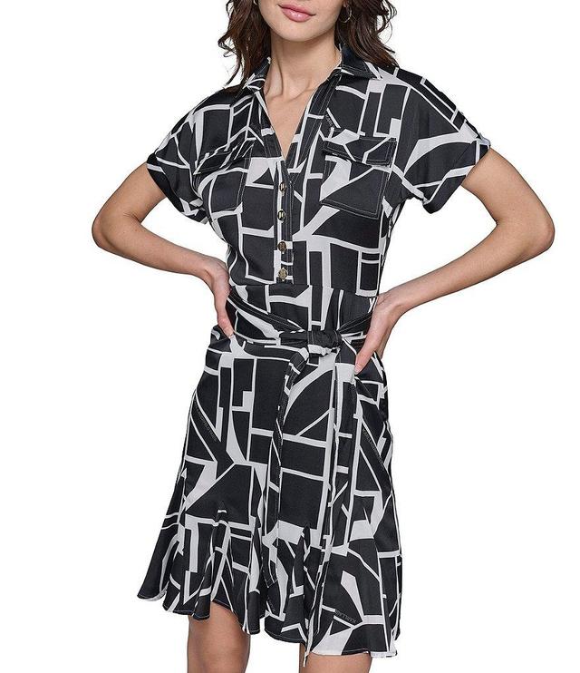 KARL LAGERFELD PARIS Abstract Printed Collared Utility Dress Product Image