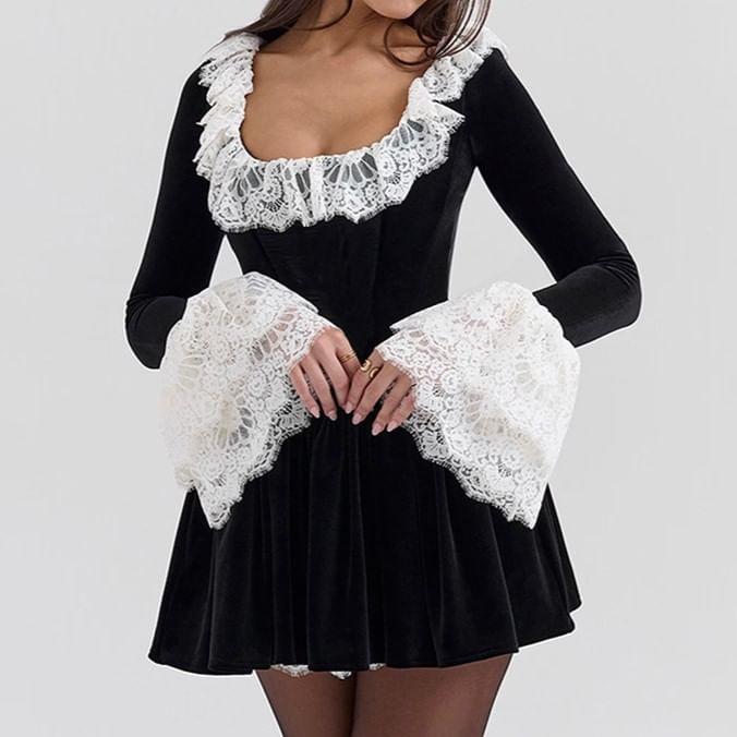 Long-Sleeve Square Neck Lace Panel Mini Dress Product Image