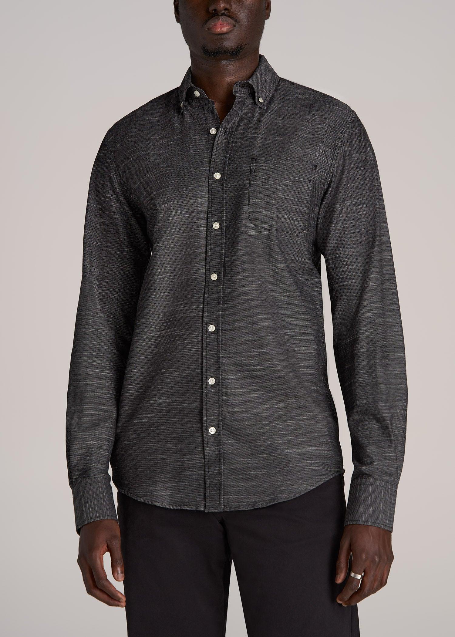 Textured Weave Cotton Button-Up Shirt for Tall Men in Black Product Image